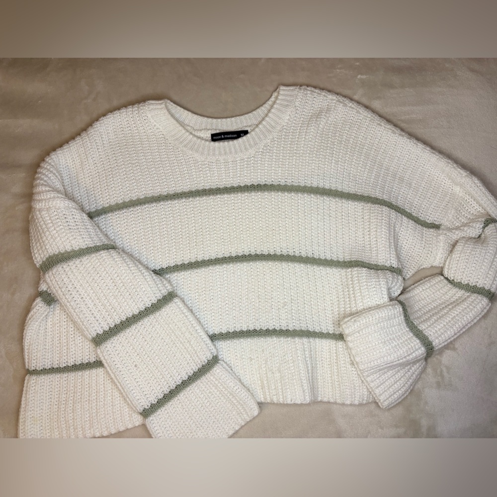 Cozy White and Green Striped Sweater